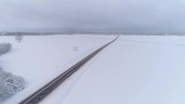 Śnieg Pokrył Drogę Drzewa Warstwą Śniegu Piękny Lot Dronem Zimą — Wideo stockowe