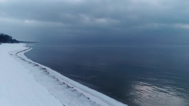 Frozen Snowy Seashore Cold Winter Day Drone View — Stock Video