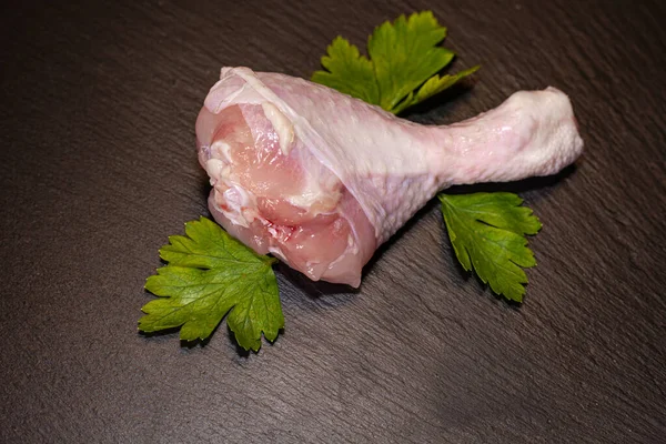 Fresh Chicken Leg Greens Black Background — Stock Photo, Image