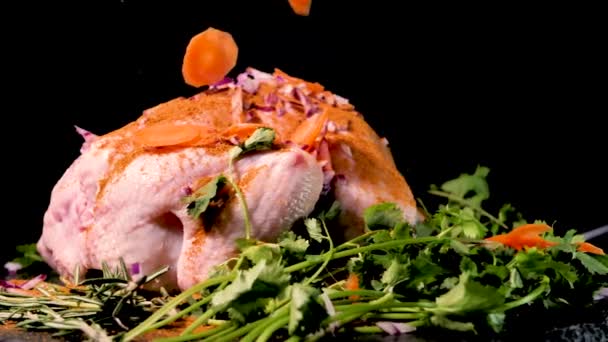 Whole Raw Marinated Organic Chicken Organic Chicken Cooking Concept Spices — Stock Video