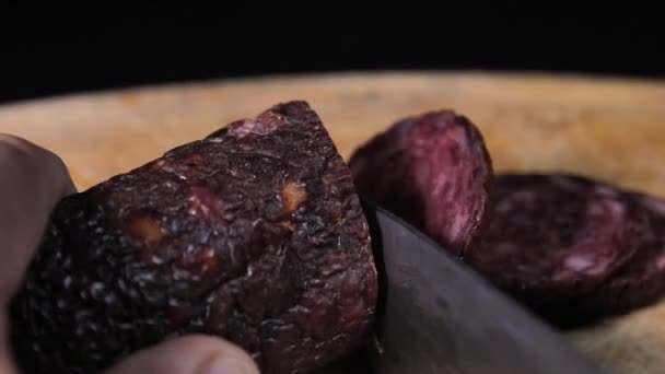 Cut Salami Sausage Thin Slices Close View Hand Slicing Meat — Video