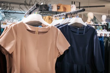 Canlı bir alışveriş deneyimi için temiz plastik askılara yerleştirilmiş, bir giyim mağazasında sergilenen renkli üst ve elbise seçimleri.