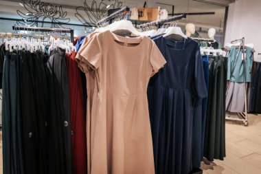 Canlı bir alışveriş deneyimi için temiz plastik askılara yerleştirilmiş, bir giyim mağazasında sergilenen renkli üst ve elbise seçimleri.