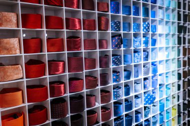 Renkli, kırmızı, bordo, mavi, yeşil, yeşil ve kahverengi renklere göre düzenlenmiş kıvrılmış kravatların canlı duvar görüntüsü bir erkek moda mağazasında düzenli olarak düzenlenir..