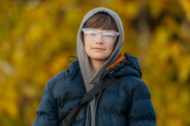 Gri kapüşonlu ve koyu mavi kabarık ceketli çocuk arka planda altın sonbahar yapraklarıyla dışarıda duruyor..