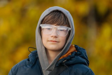 Gri kapüşonlu ve koyu mavi kabarık ceketli çocuk arka planda altın sonbahar yapraklarıyla dışarıda duruyor..