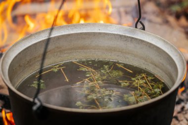 Açık bir ateşin üzerinde asılı, su otlar ve dallarla kaynıyor, buhar yaratıyor ve kırsal alanda yemek pişirme sahnesi yaratıyor..