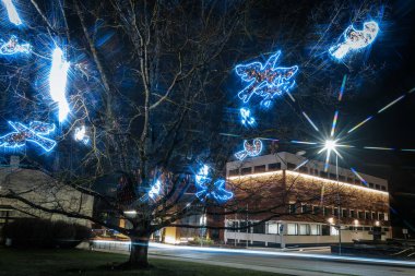 Renkli ışıklarla süslenmiş ağaç, gece, binalar ve sakin bir cadde ile çevrili, neşeli bir atmosfer yaratarak, tatil ruhunu güçlendirir.