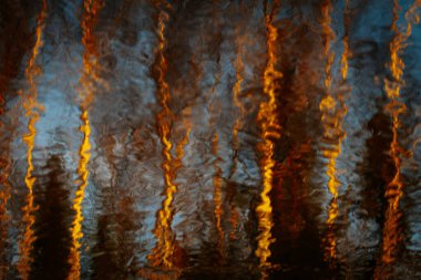 Sudaki aydınlatılmış ağaçların canlı yansımaları soyut bir sahne yaratır, turuncu ve mavi renklerin harmanlanması, sakinlik ve doğal güzelliği çağrıştırır.