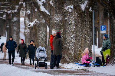 Valmiera, Letonya - 02 Ocak 2026: Kış gününün tadını çıkaran bir grup insan, kızaklarda oynayan çocuklar, büyük ağaçların yanında sohbet eden yetişkinler