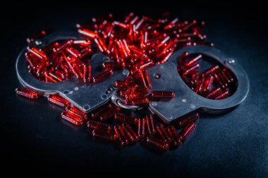 Parlak kırmızı kapsüllerle çevrili, karanlık arka plana yerleştirilmiş kelepçeler suç, adalet ve sonuçları simgeleyen dramatik bir sahne yaratıyor.