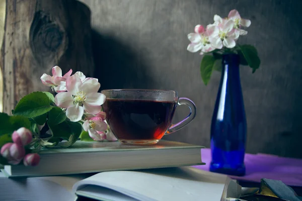 Чашка чаю на книзі з гілками цвітіння яблуні — стокове фото