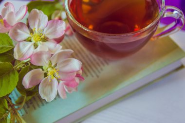 kitap elma ağacı çiçeği dalları ile çay