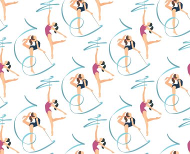 Kızların kurdelelerle ritmik jimnastik yaptığı kusursuz bir düzen. Spor ekipmanlı jimnastikçilerin arka planı