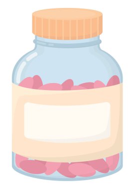 Pembe haplarla dolu bir şişe. İlaçları beyaza izole edilmiş konteyner