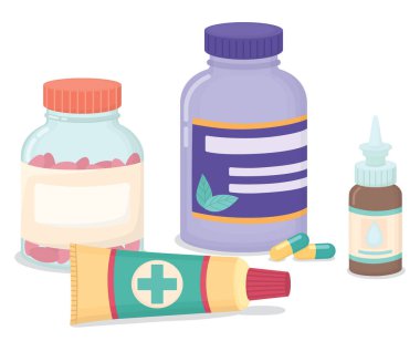 Still life with medicine bottles with capsules, nasal spray and ointment tube. Illustration with pharmaceutical products