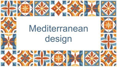 Mediterranean frame with blue and yellow tiles. Colorful border of ceramic patterned tiles