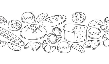 Farklı ekmek ve fırın ürünleriyle sınırsız sınırlar. Karalama tarzında besin elementleriyle yatay desen