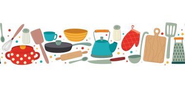 Mutfak eşyalarıyla yatay kenar. Mutfak aletleri beyaz üzerine izole edilmiş arka plan.