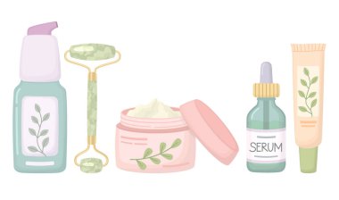 Beyaz arka planda izole edilmiş cilt bakımı ürünleri. Yüz kremi, kozmetik serumu şişesi, göz kremi tüpü, yeşil yeşillik rulo ve yüz temizleme.