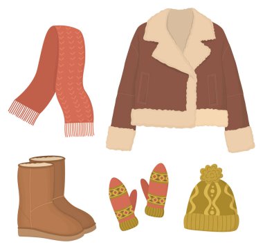 Kırpılmış kahverengi yelek, rahat botlar, örgü eşarp, eldiven ve bere ile kış kıyafeti. Modaya uygun soğuk hava kıyafetleri