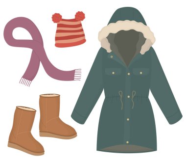 Sıcak botlar, atkı, örgü şapka ve yeşil parka ceketi. Bir takım şık soğuk hava kıyafetleri.