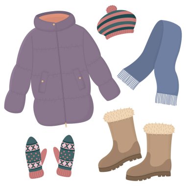 Sıcak giysi ve aksesuarlarla donatılmış kış kıyafetleri. Kabarık ceket, bot, eşarp, şapka ve eldiven.