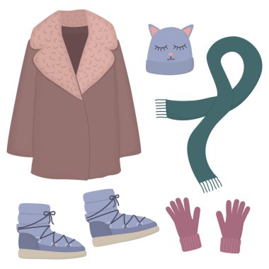 Samimi kıyafetli kış modası çizimi. Sıcak palto, kedi kulaklı bere, yalıtılmış ayakkabı, atkı ve eldiven.