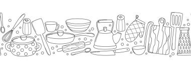 Mutfak gereçleri ile kusursuz sınır. Mutfak aletleri karalama tarzında yatay desen