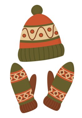 Pom-pon ve desenli eldivenli örülmüş kış şapkası. Beyaz üzerine izole dekoratif süslemeleri olan sıcak ve şık aksesuarlar.