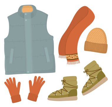 Kalın giysili stil illüstrasyon. Kabarık yelek, atkı, eldiven, bere ve ayakkabı.