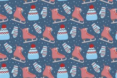 Buz patenleri, örgü şapkalar ve eldivenlerle kusursuz kış şablonu. Soğuk mevsim elementleriyle arka plan