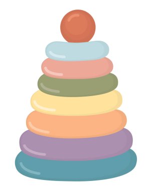 Boyutuna göre düzenlenmiş rengarenk yüzükleri olan klasik çocuk oyuncağı. Parlak piramit beyaz arkaplanda izole