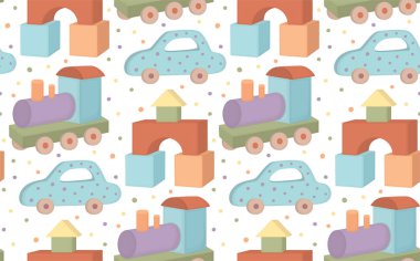 Parlak ahşap oyuncaklar ve renkli noktalarla kusursuz bir desen. Kulesi, arabası ve lokomotifi olan bir arkaplan.