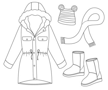 Parka ceket, kalın botlar, örgü atkı ve şapka. Karalama tarzında bir dizi soğuk hava kıyafetleri.