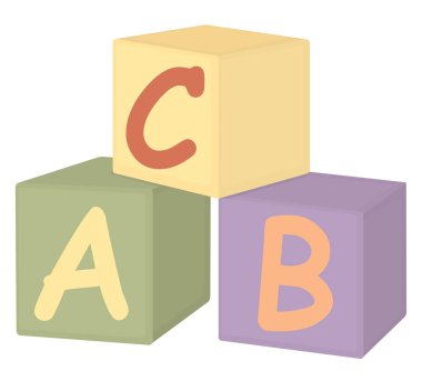 Alfabe harfleriyle renkli oyuncak blokları tasviri. Birbiri ardına yığılmış parlak küpler.