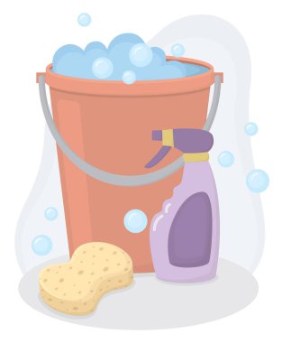 İçinde köpük kovası, sprey temizleme deterjanı, sünger ve sabun köpüğü olan bir hayat çizimi. Temizlik malzemeleriyle kompozisyon