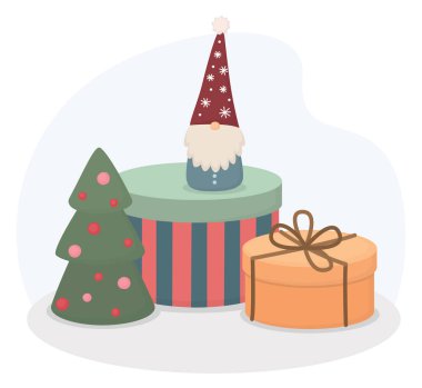 Festive Christmas composition with decorated tree, gift boxes, and cute gnome figurine. Holiday still life with cozy home atmosphere and traditional decor