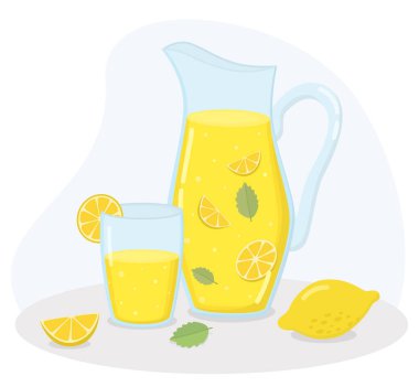 Bir sürahi limonata, cam, limon ve nane yaprağı ile yaşam kompozisyonu. Yaz içecekleri ve doğal malzemelerle illüstrasyon.