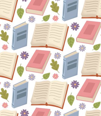 Kusursuz desenli kitaplar, yeşil yapraklar ve çiçekler. Kağıt edebiyatı ve bitkiler ile renkli arkaplan