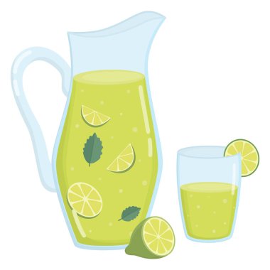 Bir sürahi limonata, çizgili kamışlı bardak, meyve ve yapraklarla dolu bir hayat. Nane şekerli yaz ferahlatıcı içecek.