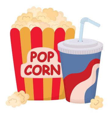 Çizgili bir patlamış mısır kutusu ve kapaklı bir kağıt bardak. Sinema abur cuburu beyaz arkaplanda izole edildi