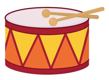 Beyazların üzerinde bagetleri olan parlak bir karnaval davulu. Müzik ve festival objesi tasviri