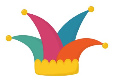 Dekoratif detaylarla dolu renkli bir soytarı şapkası. Parlak maskeli kostümlü bir resim