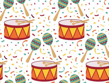 Parlak marakas, davul ve konfetiyle kusursuz desen. Müzik aletleri ve karnaval atmosferiyle arka plan