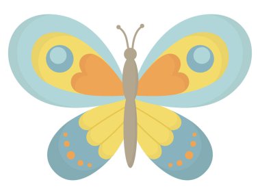 Parlak kelebeğin mavi, sarı ve turuncu renkli görüntüsü. Güzel dekoratif böcek beyazda izole edilmiş.