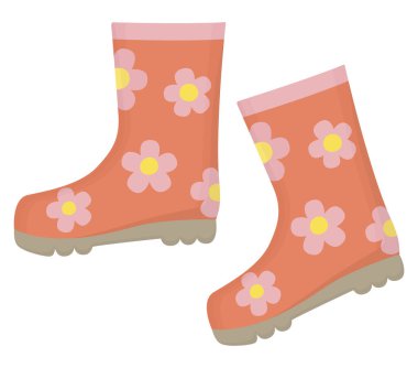 Pembe çiçekli bir çift turuncu lastik bot. Beyaz tenli, sevimli bahar ayakkabıları.