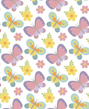 Yumuşak pastel tonlarda kusursuz desen. Narin kelebekler ve çiçeklerle. Bahar ya da yaz tatlı bir arkaplan