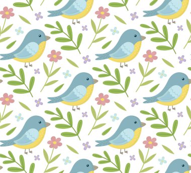 Şirin kuşlar, çiçekler ve yapraklarla kusursuz bir desen. Pastel tonlarda botanik bahar arkaplanı