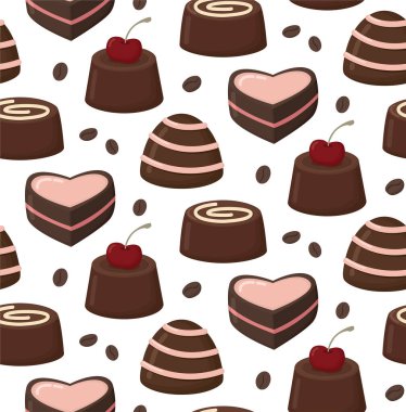 Çikolata ve kahve çekirdekleri ile sembolik desenler. Farklı şekillerin tatlı arkaplanı